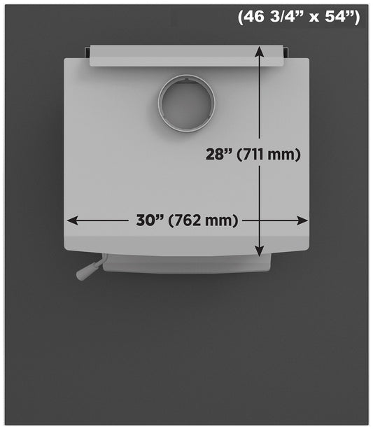 Dimension diagram for the Drolet 54 x 46 3/4 inch glass hearth pad showing maximum stove footprint
