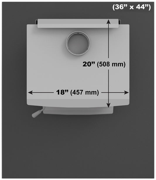 Dimension diagram for the Drolet 44 x 36 inch glass hearth pad showing maximum stove footprint