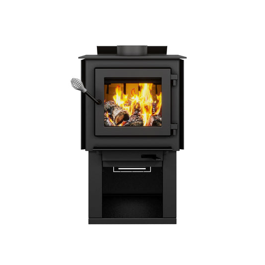 Drolet Deco Nano N wood stove seen head-on, cast iron door with large ceramic glass panel above an open log storage bay