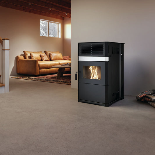 Drolet ECO-65R pellet stove installed in a living room