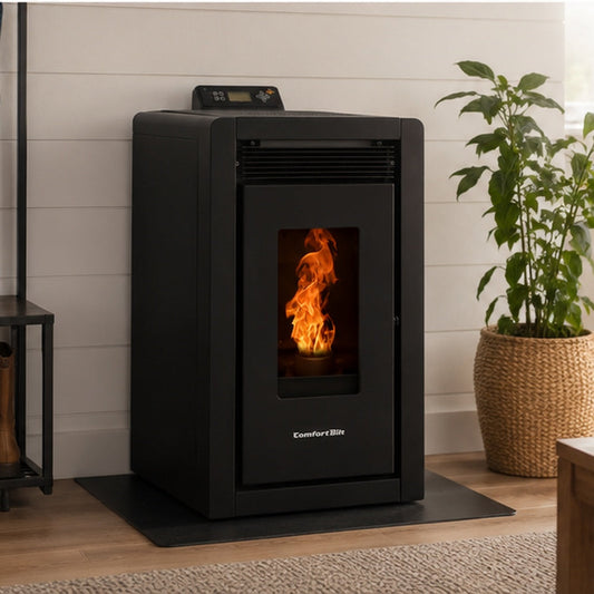 ComfortBilt Alpine HP40 pellet stove – Black, living room setting (alternate view)