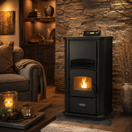 ComfortBilt Alpine HP41 pellet stove – Black, living room setting