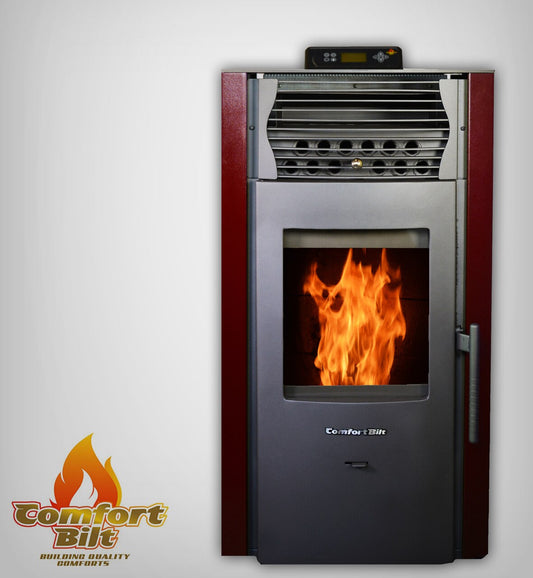 ComfortBilt HP50S pellet stove in Burgundy — front with logo