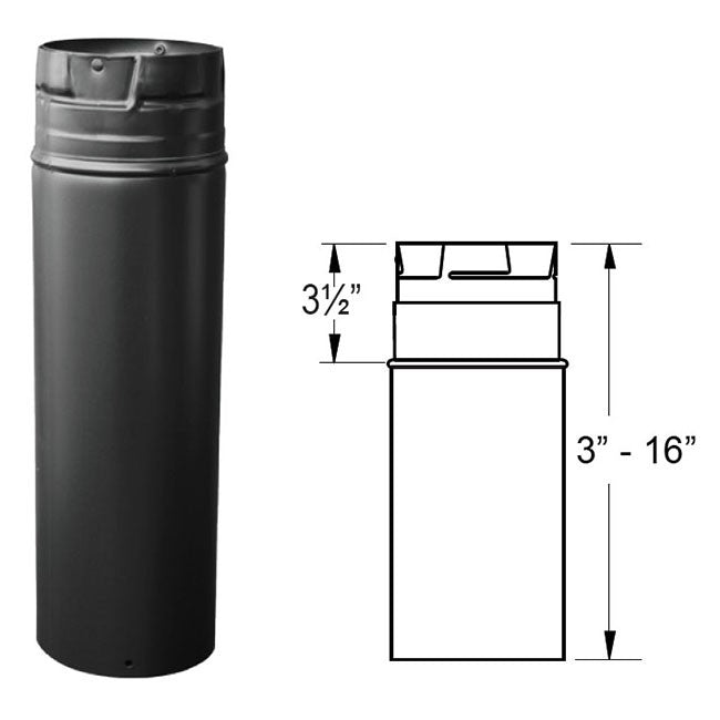 DuraVent 3" PelletVent Pro Straight Pipe, 18" Adjustable Black