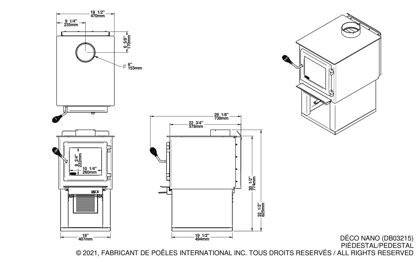 Drolet Deco Nano dimensions — official dimension drawing (inches)