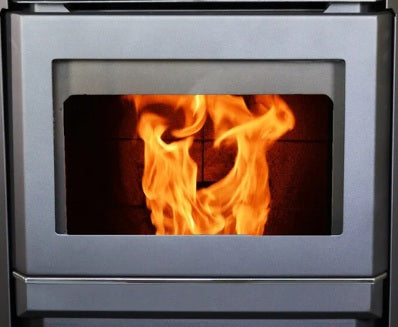 ComfortBilt HP61 pellet stove front door showing large square door glass