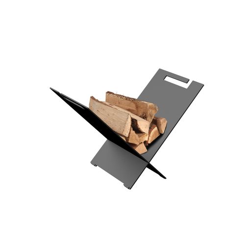 Equiss freestanding steel log holder holding split firewood beside a hearth