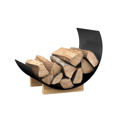 Fusio freestanding steel log holder for indoor firewood storage beside a wood stove