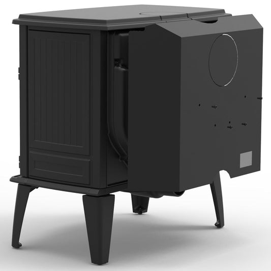 SBI AC02791 heat shield for double wall stove pipe mounted on a wood stove