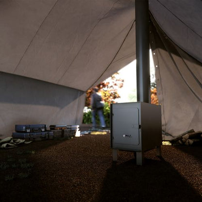Drolet Hunter camp wood stove set up inside a canvas hunting tent