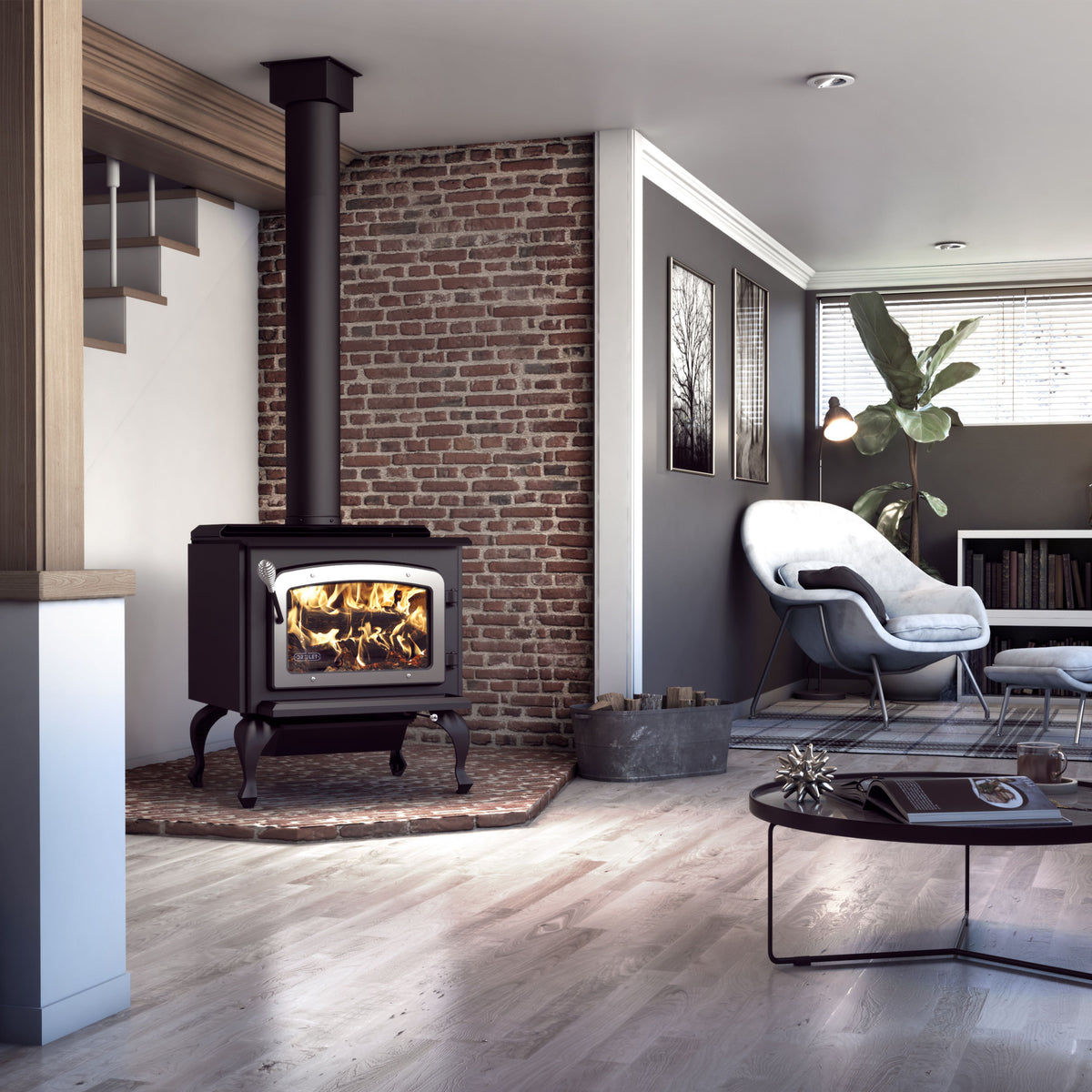 Drolet Escape 1800 Wood Stove — Brushed Nickel Door, on Legs
