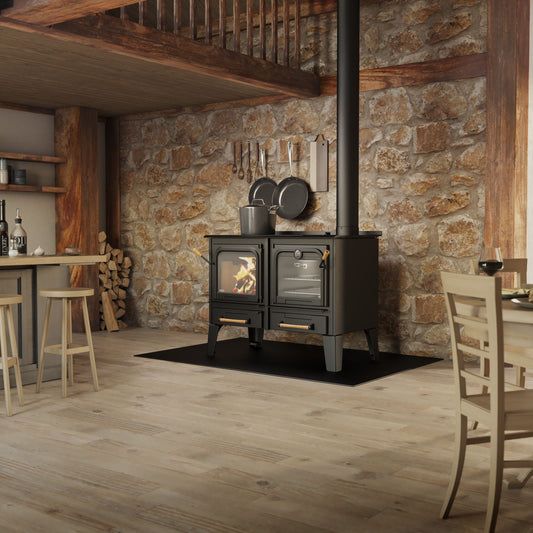 Drolet Chic-Choc wood cookstove in a kitchen setting