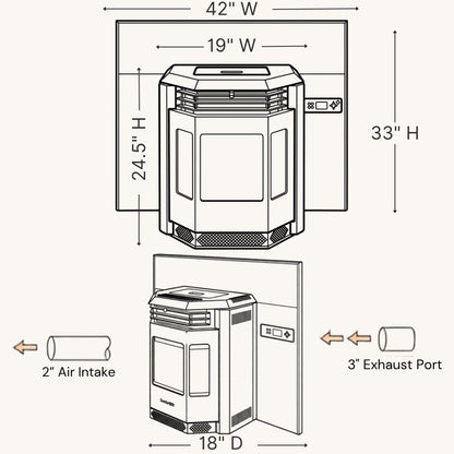 ComfortBilt HP22i pellet stove — dimension infographic