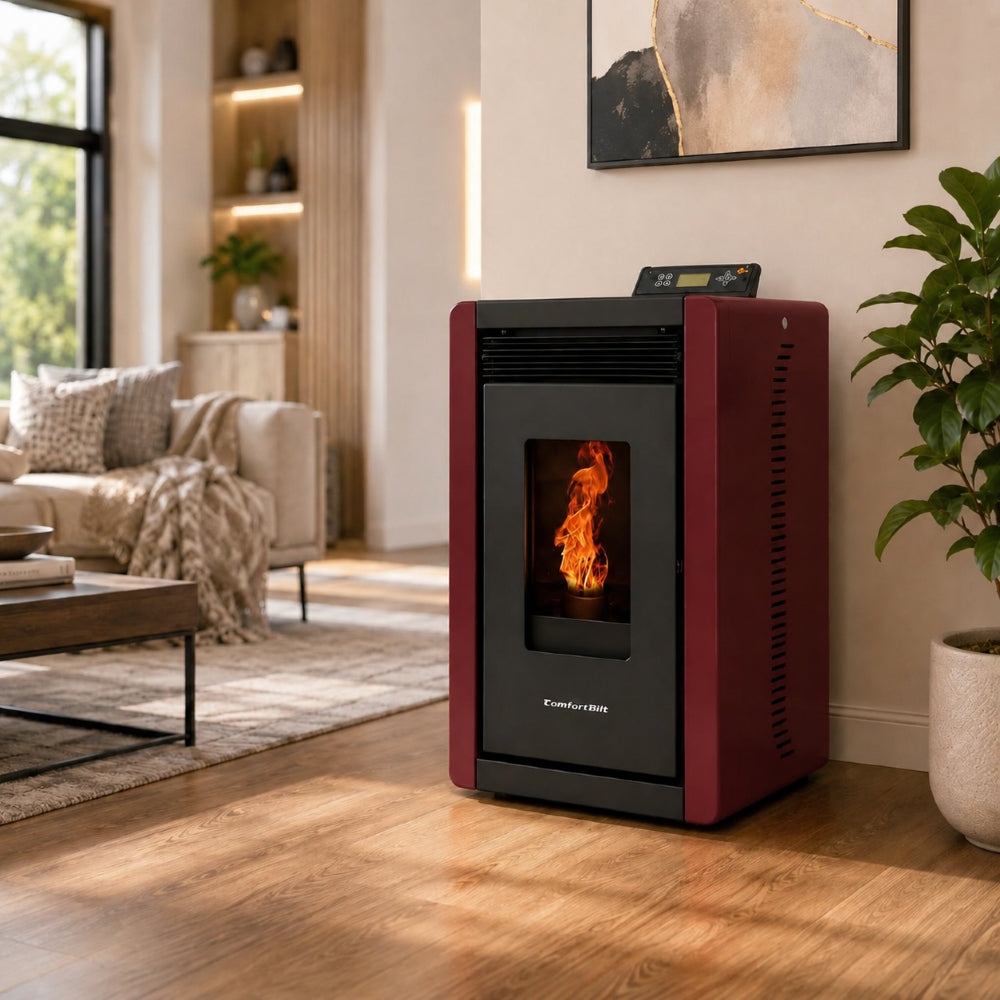 ComfortBilt Alpine HP40 pellet stove – Burgundy, living room setting