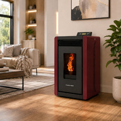 ComfortBilt Alpine HP40 pellet stove – Burgundy, living room setting