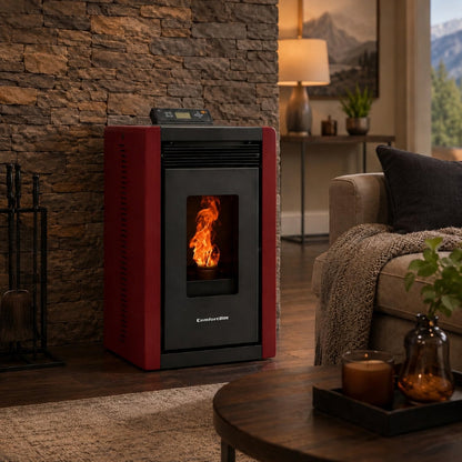 ComfortBilt Alpine HP40 pellet stove – Burgundy, living room setting (alternate view)