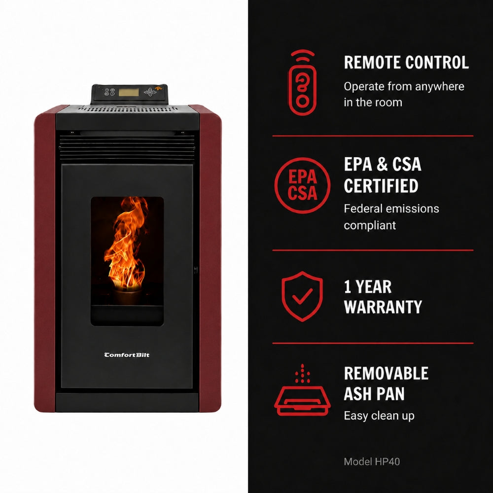 ComfortBilt Alpine HP40 pellet stove – Burgundy, features infographic 2 of 2