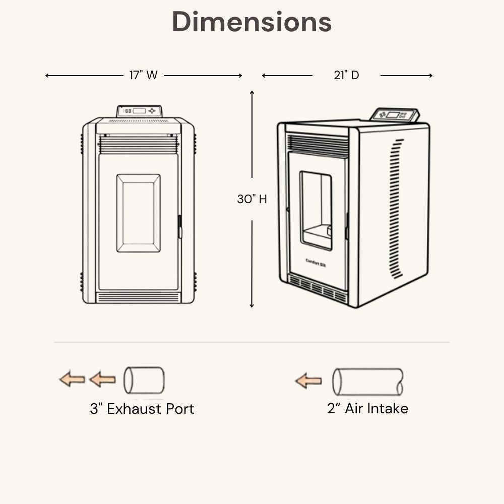 ComfortBilt Alpine HP40 pellet stove – dimensions diagram