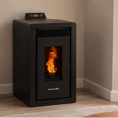ComfortBilt Alpine HP40 pellet stove – Black, living room setting