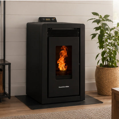 ComfortBilt Alpine HP40 pellet stove – Black, living room setting (alternate view)