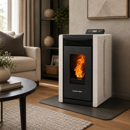 ComfortBilt Alpine HP40 pellet stove – White, living room setting