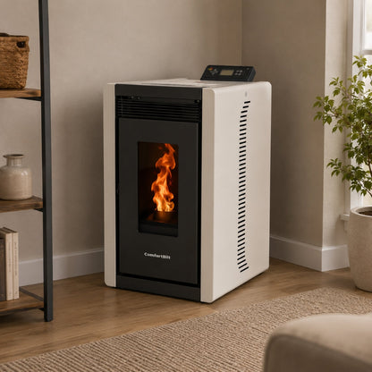 ComfortBilt Alpine HP40 pellet stove – White, living room setting (alternate view)