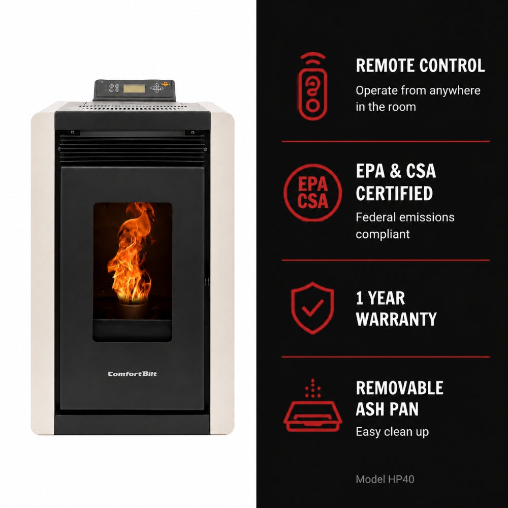 ComfortBilt Alpine HP40 pellet stove – White, features infographic 2 of 2