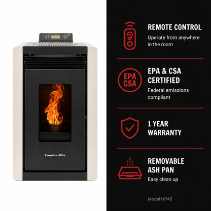 ComfortBilt Alpine HP40 pellet stove – White, features infographic 2 of 2