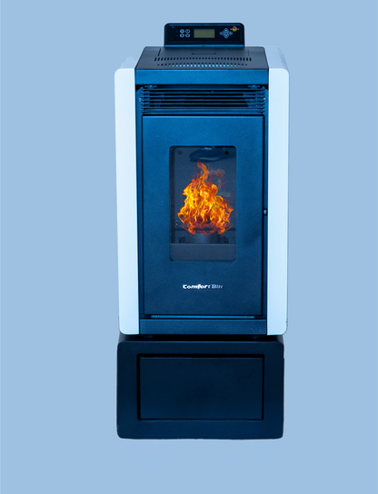 Alpine HP40 pellet stove sitting on the ComfortBilt riser stand