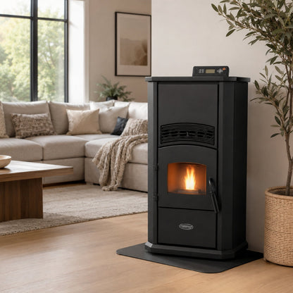 ComfortBilt Alpine HP41 pellet stove – Black, living room setting (alternate view)
