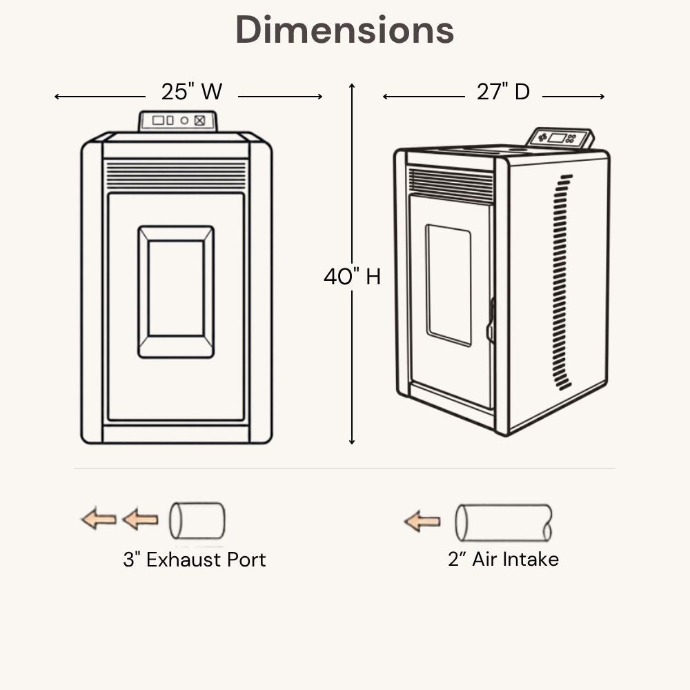 ComfortBilt Alpine HP42 pellet stove – dimensions diagram