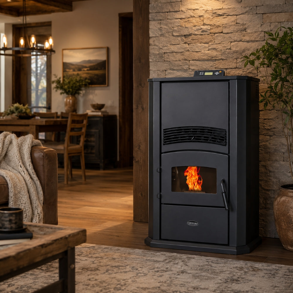 ComfortBilt Alpine HP42 pellet stove – Black, living room setting