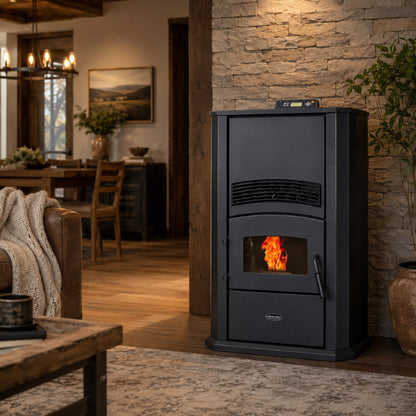 ComfortBilt Alpine HP42 pellet stove – Black, living room setting