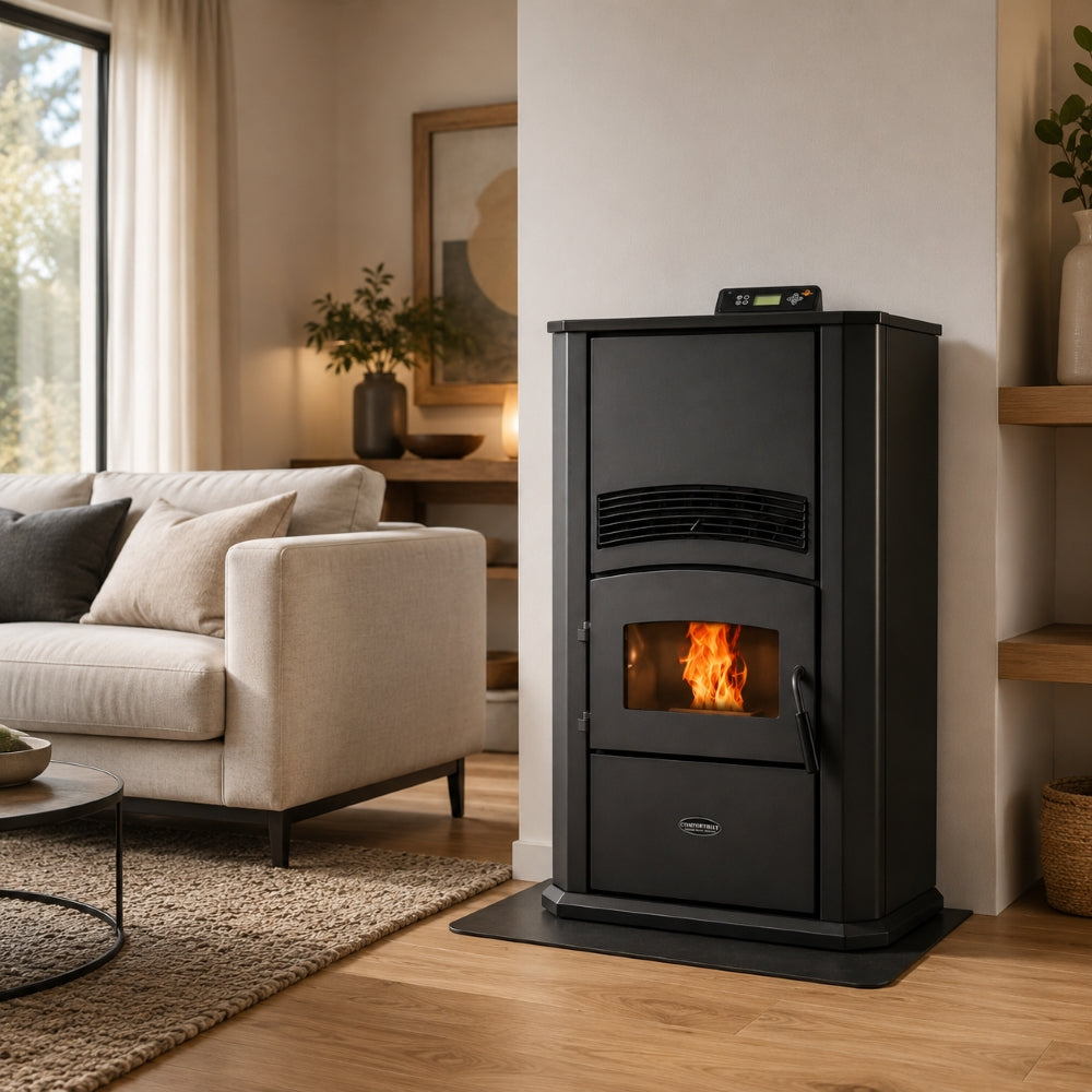 ComfortBilt Alpine HP42 pellet stove – Black, living room setting (alternate view)
