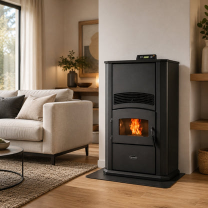 ComfortBilt Alpine HP42 pellet stove – Black, living room setting (alternate view)
