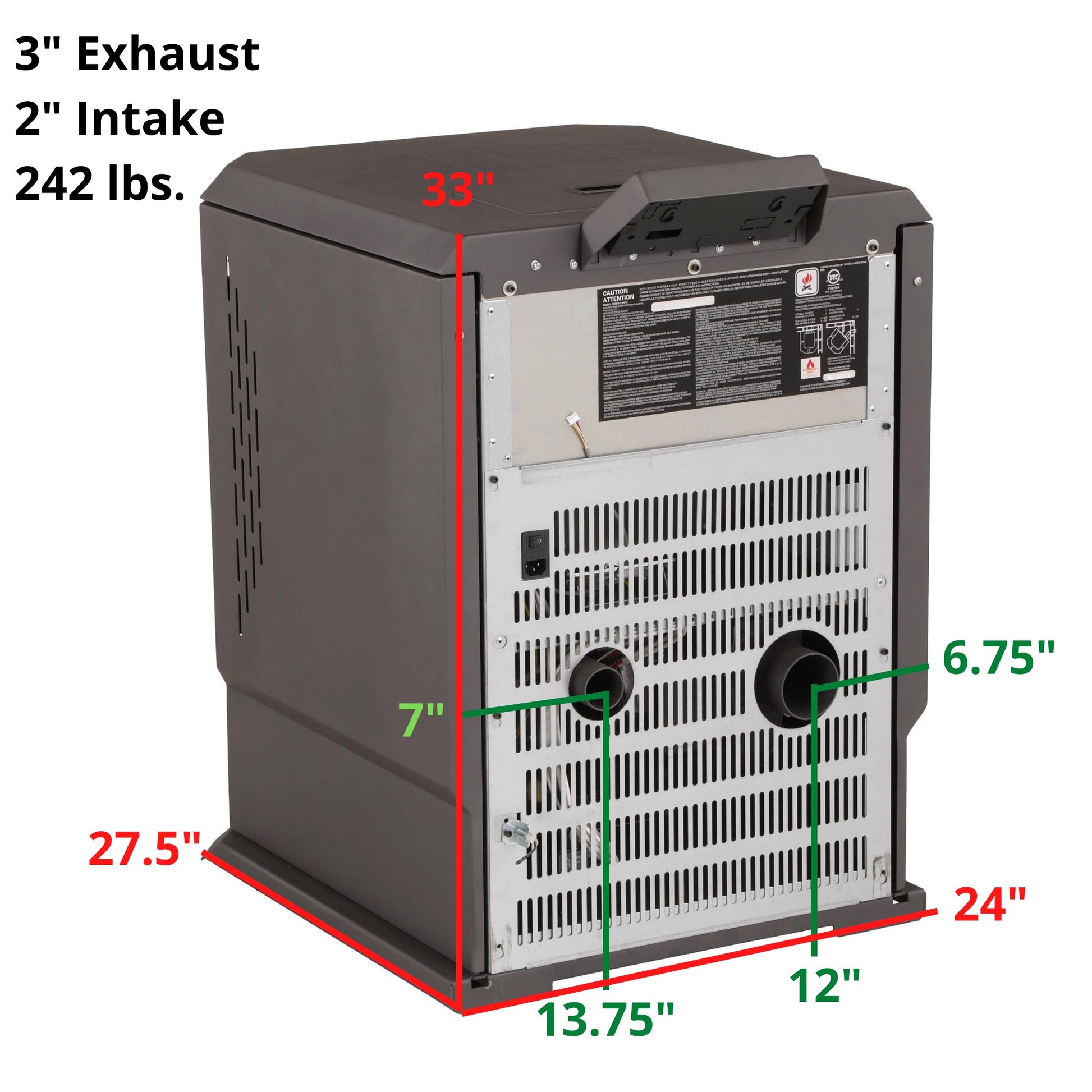 ComfortBilt HP61 pellet stove — with measurements
