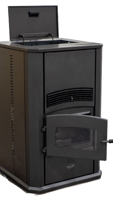 ComfortBilt Alpine HP42 pellet stove – Black, front with door open