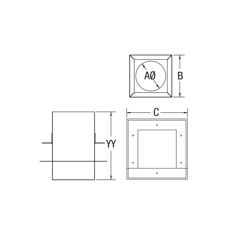 Dimensioned drawing of the Vortex 4 inch square pellet vent ceiling support