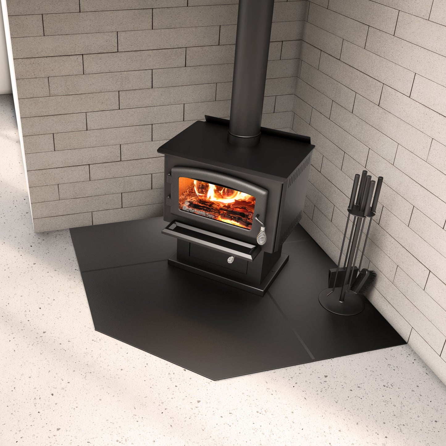 Drolet 54 inch corner black steel hearth pad - lifestyle installation photo