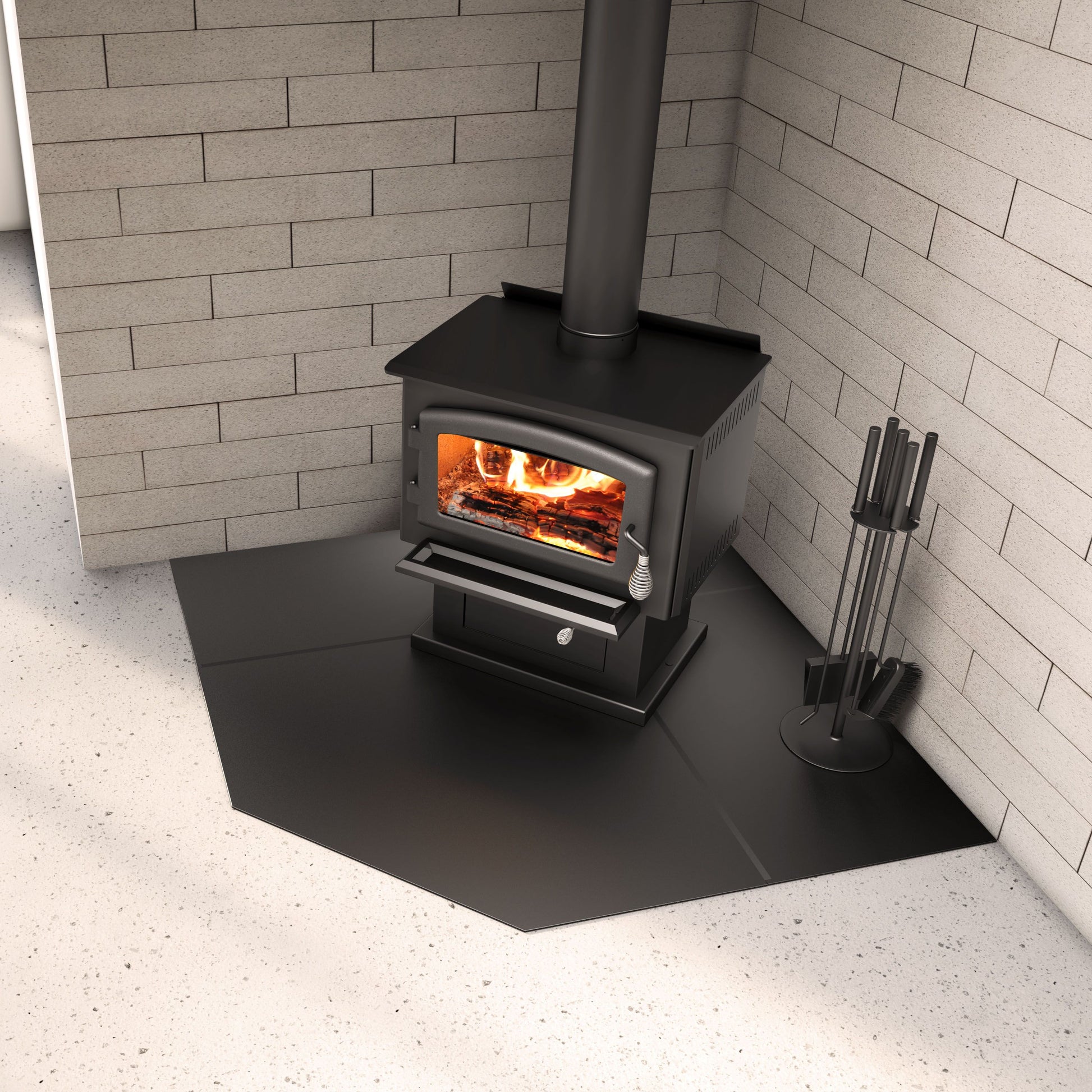 Drolet 54 inch corner black steel hearth pad - lifestyle installation photo