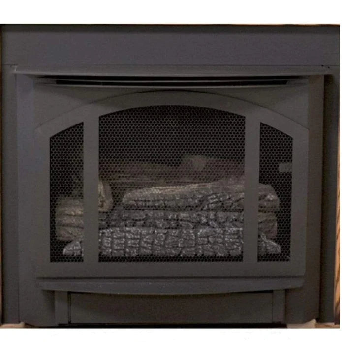 Buck Stove Model T-33 vent-free gas stove installed as a fireplace insert with black trim kit