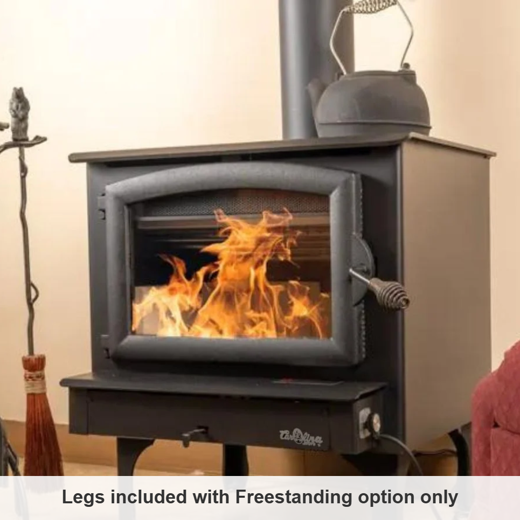 Carolina Model 74 NC freestanding wood stove burning on a hearth with a kettle on top