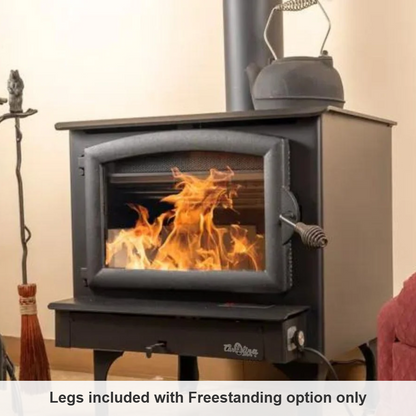 Carolina Model 74 NC freestanding wood stove burning on a hearth with a kettle on top