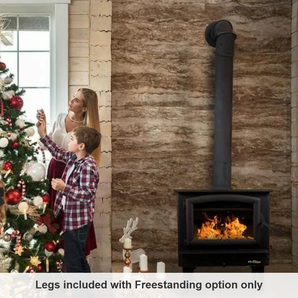 Carolina Model 74 NC freestanding wood stove in a living room beside a Christmas tree