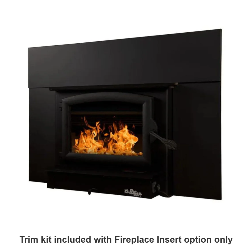 Carolina Model 74 NC wood stove (FP74) as a fireplace insert with trim kit, angled view