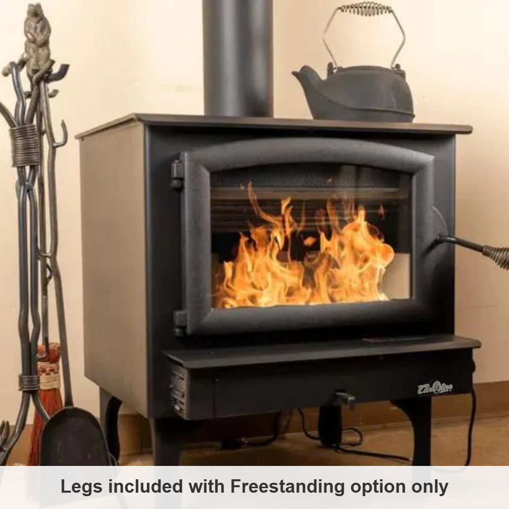Carolina Model 74 NC freestanding wood stove with fireplace tools on a hearth