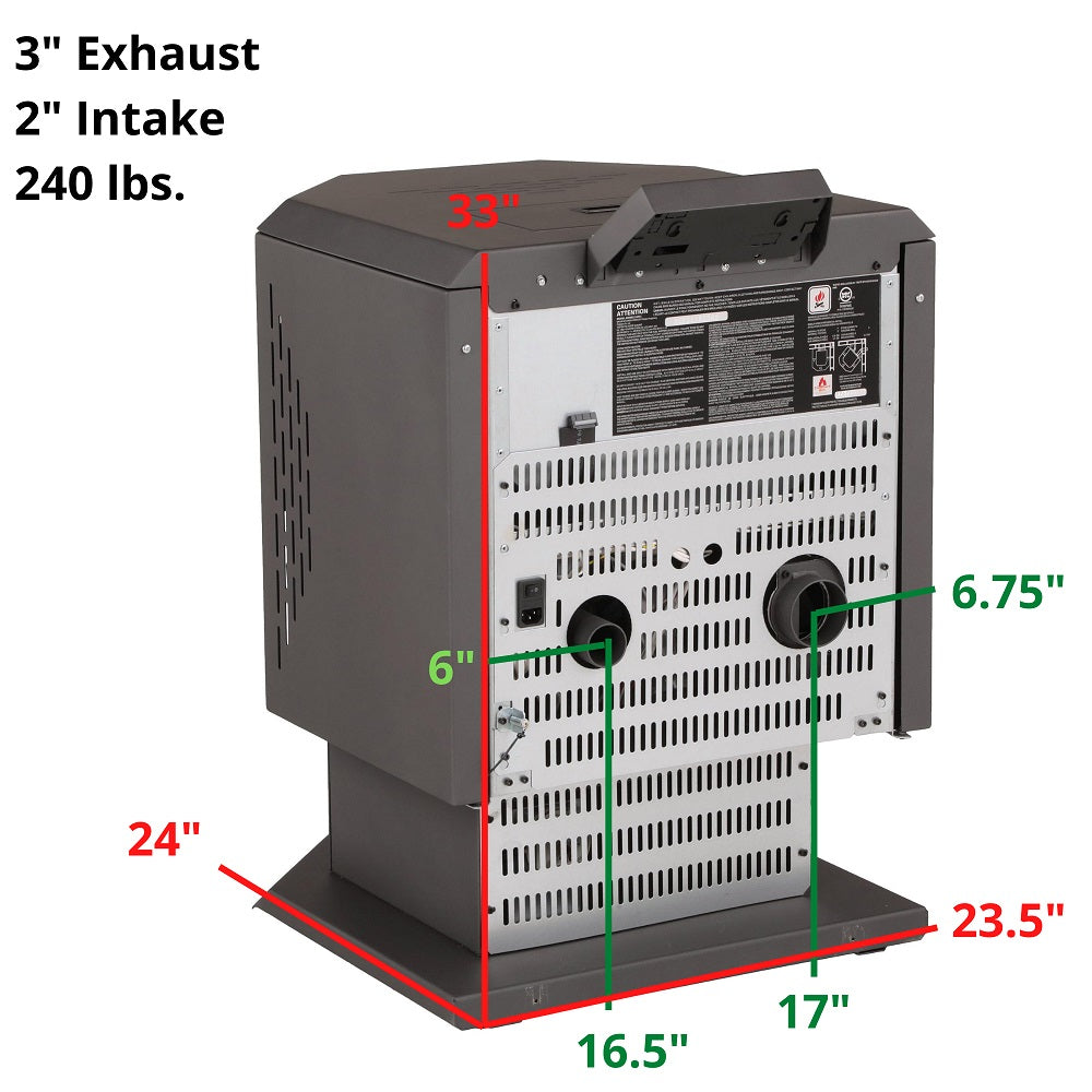 ComfortBilt HP21 pellet stove — back with measurements