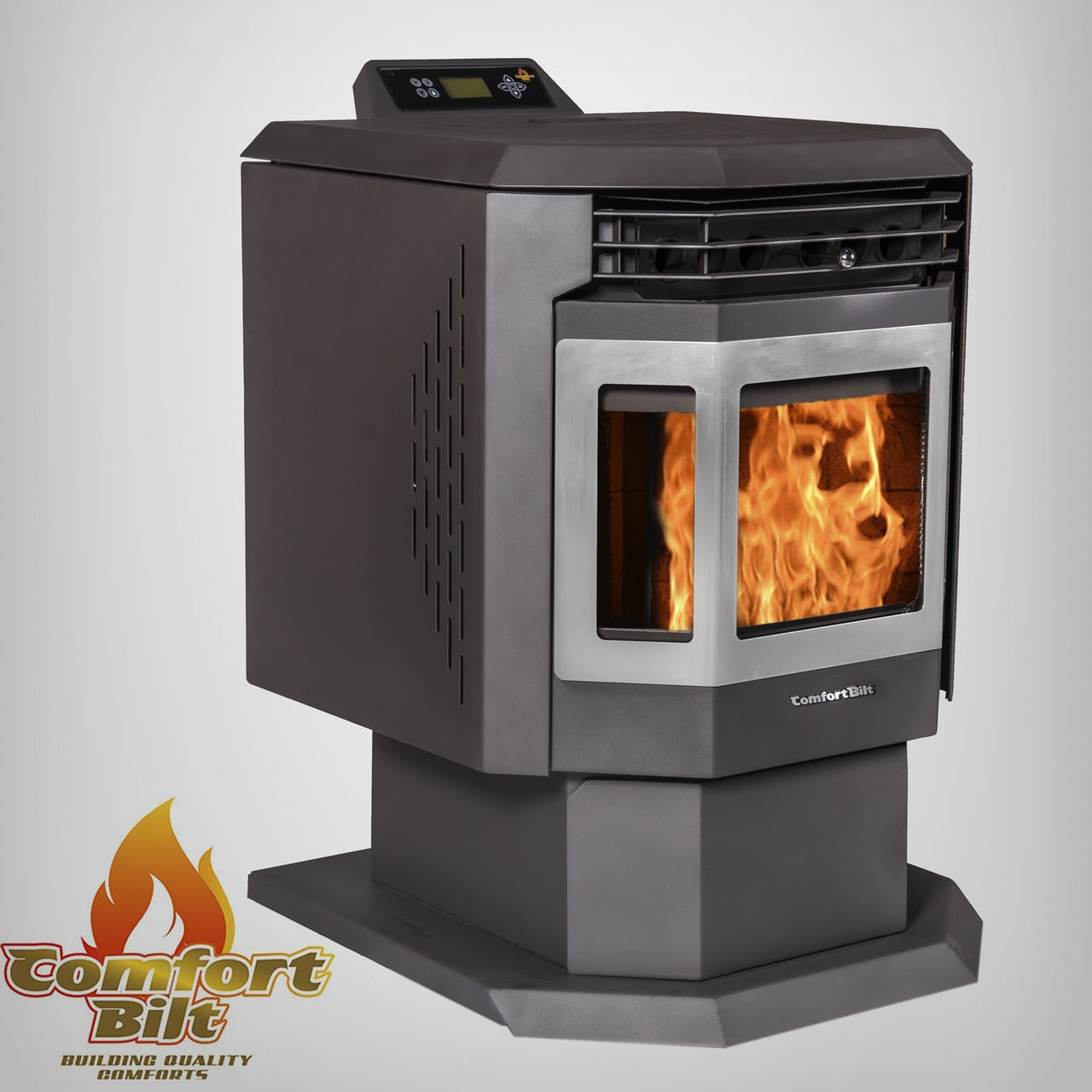ComfortBilt HP21 pellet stove in Stainless Trim — left side with logo