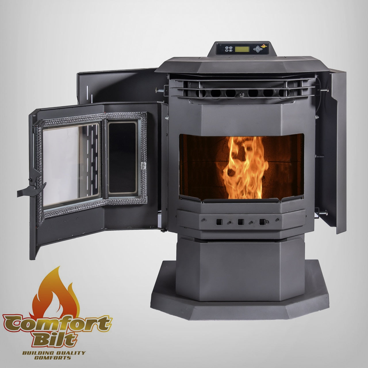 ComfortBilt HP21 pellet stove in Stainless Trim — open front