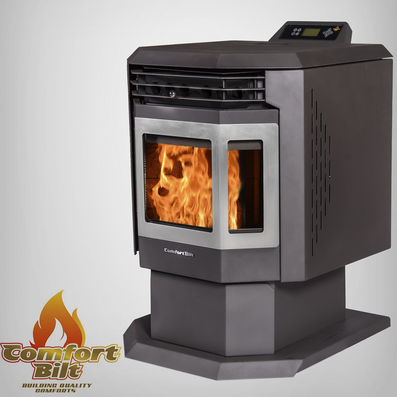 ComfortBilt HP21 pellet stove in Stainless Trim — right side with logo